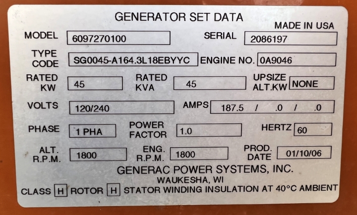 45 kW Generac Propane V6 - Used Generator for Sale - Unit-089453