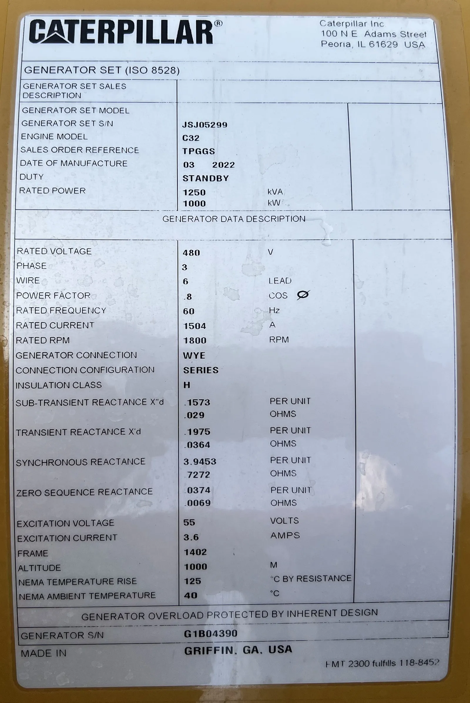 6 1000kw caterpillar industrial generator unit 071381 data tag