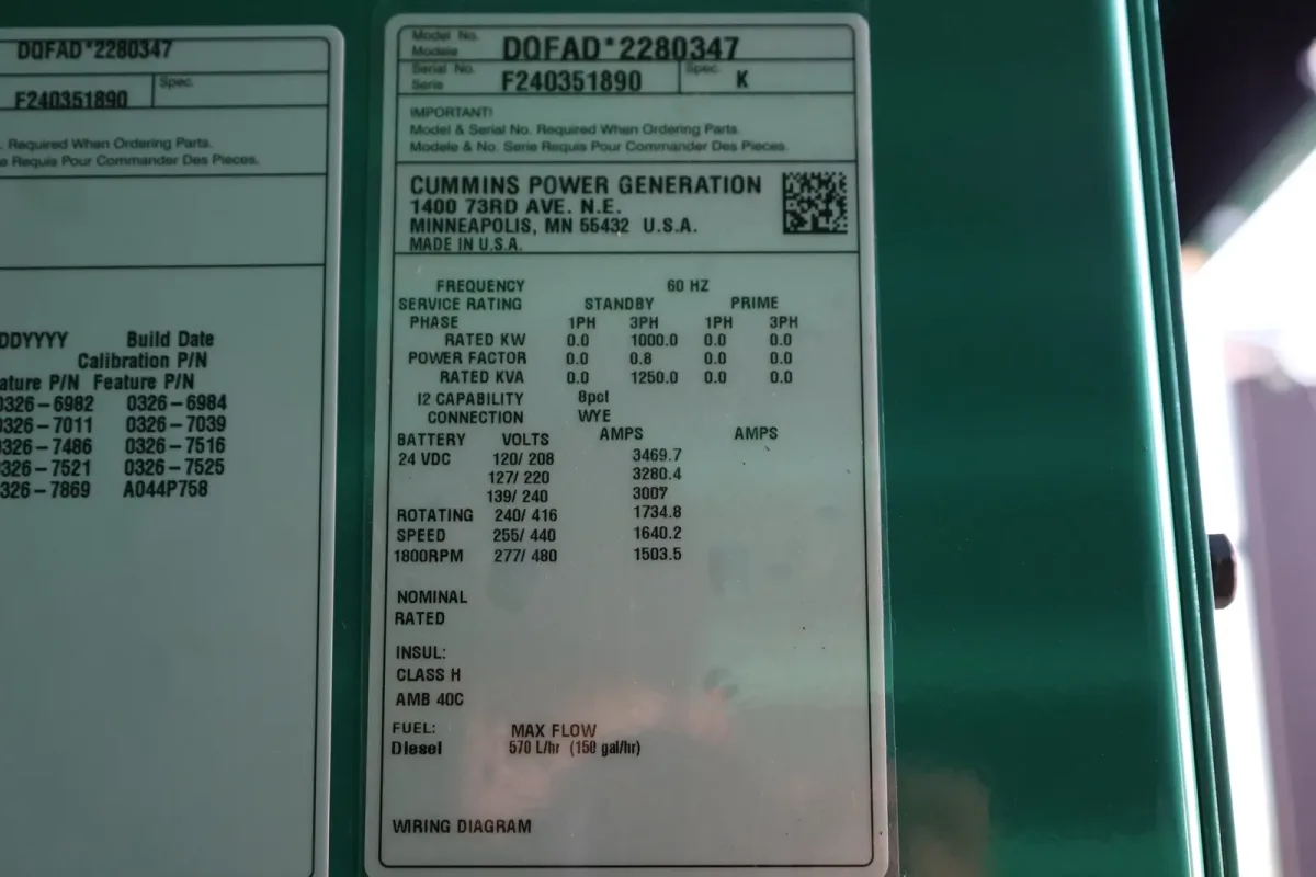 6 1000kw cummins industrial generator unit 071439 data tag