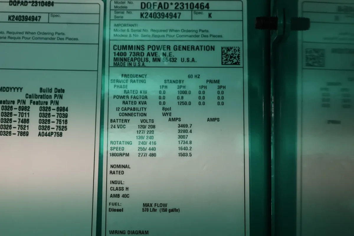6 1000kw cummins industrial generator unit 090355 data tag