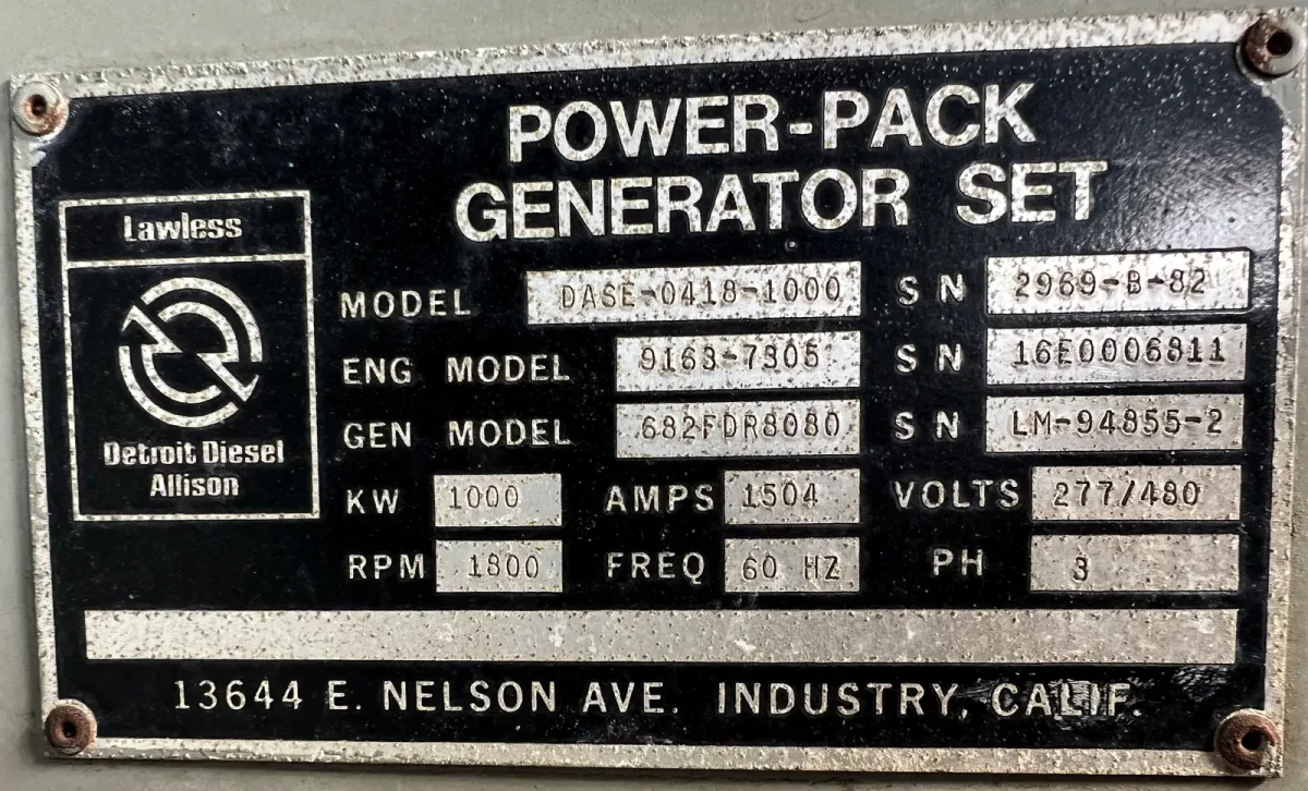 6 1000kw detroit industrial generator unit 089267 data tag