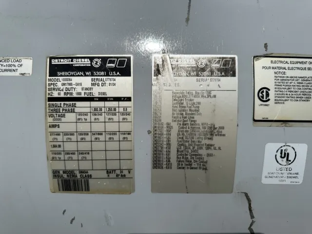 6 1000kw kohler industrial generator unit 089785 data tag
