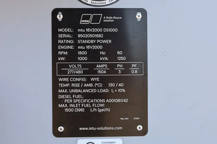 6 1000kw mtu industrial generator unit 071441 data tag