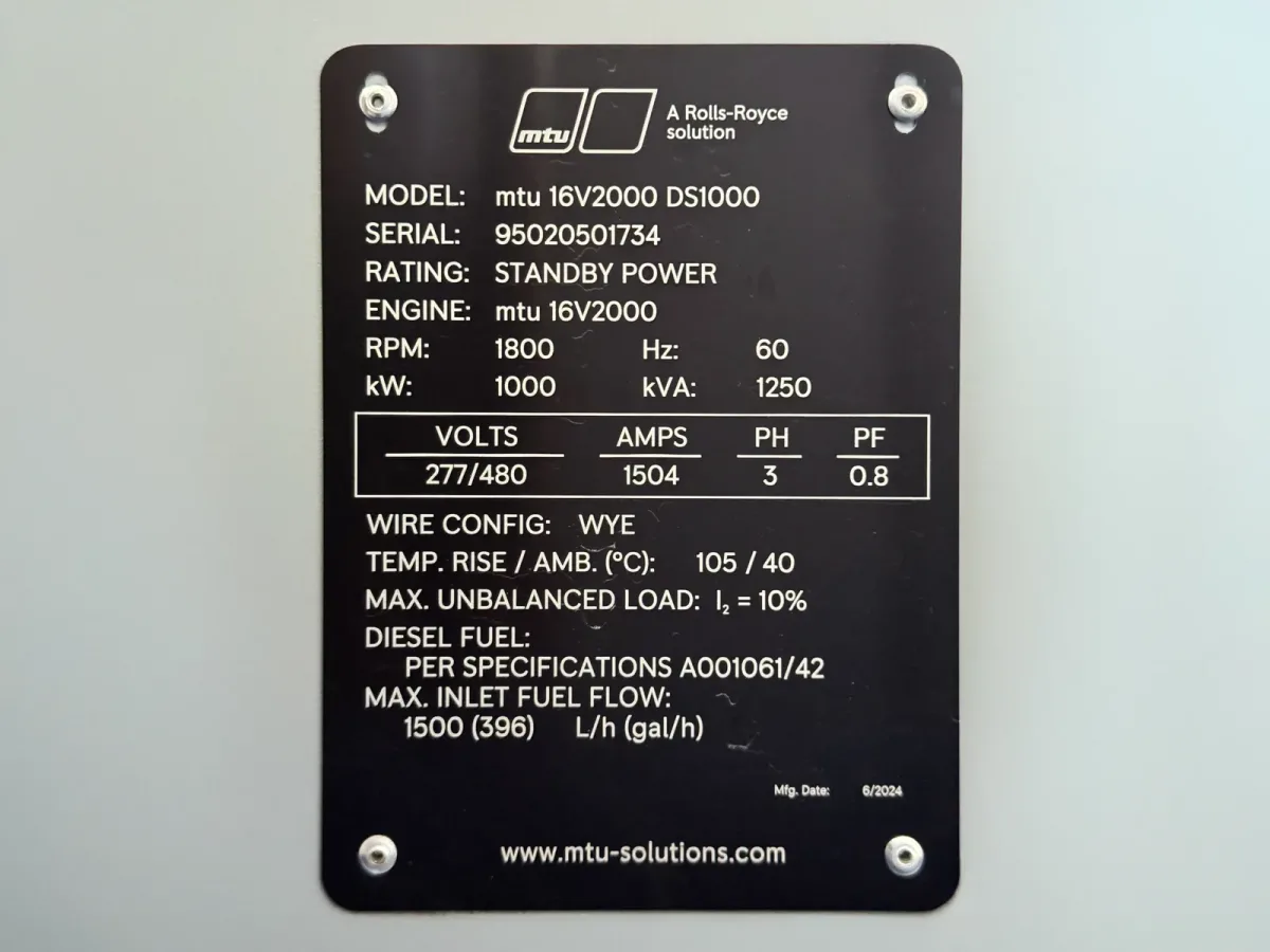 6 1000kw mtu industrial generator unit 092102 data tag