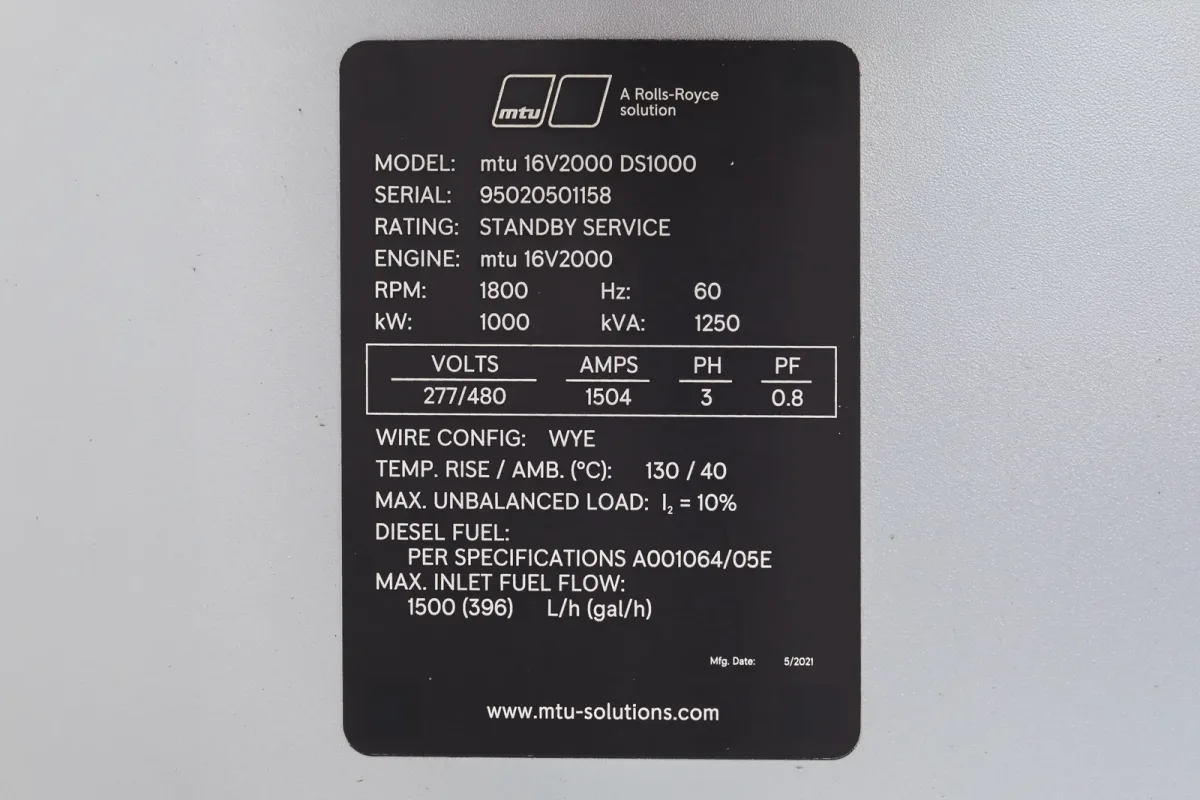6 1000kw mtu industrial generator unit 092140 data tag