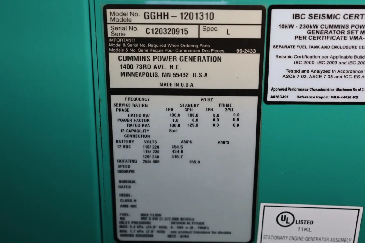 6 100kw cummins industrial generator unit 092080 data tag