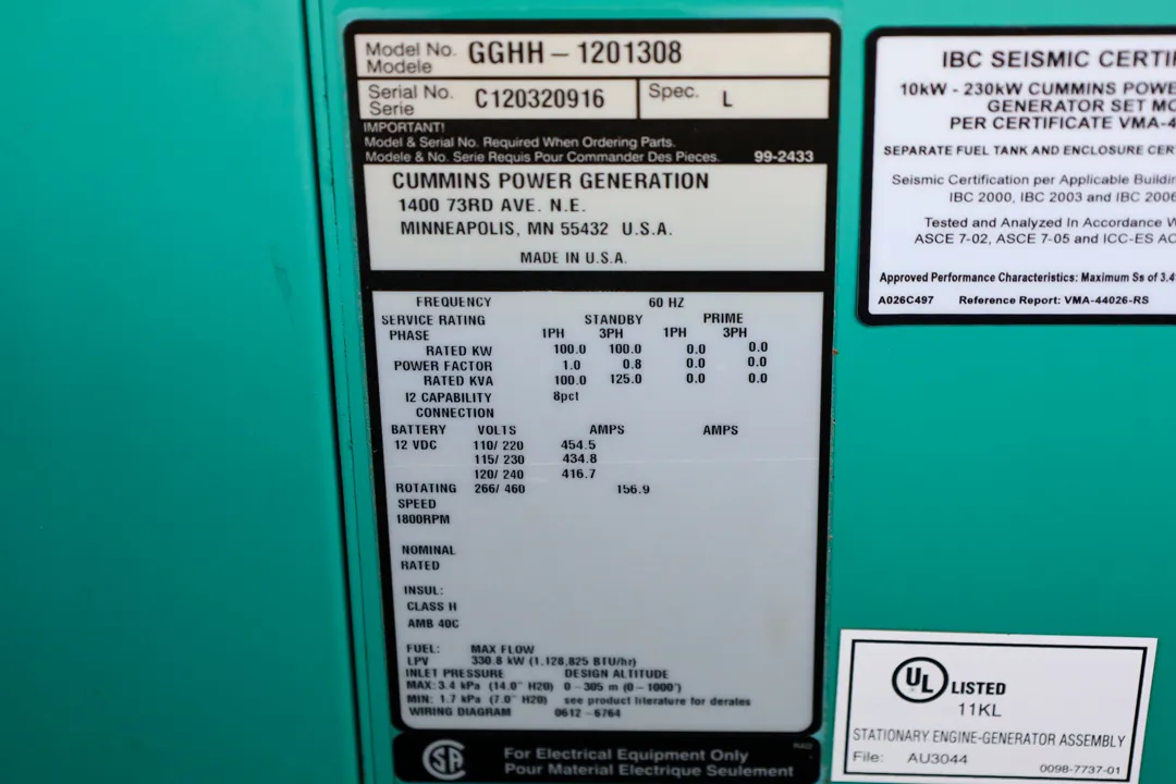 6 100kw cummins industrial generator unit 092081 data tag