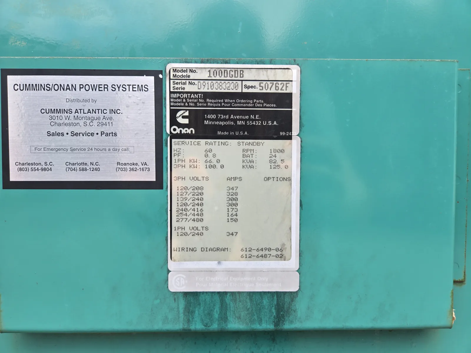 6 100kw cummins industrial generator unit 092270 data tag