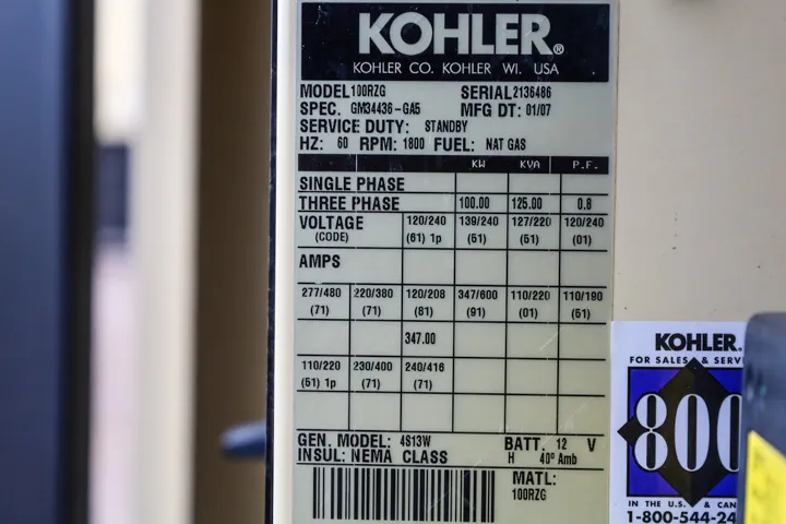 6 100kw kohler industrial generator unit 091370 data tag