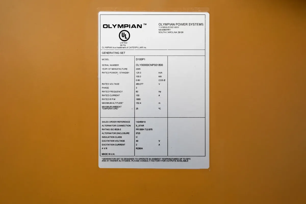6 100kw olympian industrial generator unit 091729 data tag
