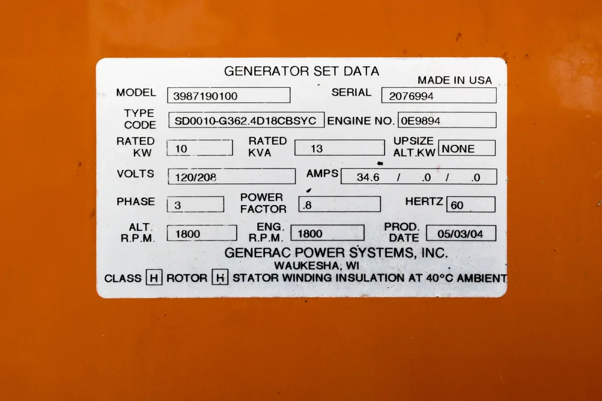 6 10kw generac industrial generator unit 091429 data tag