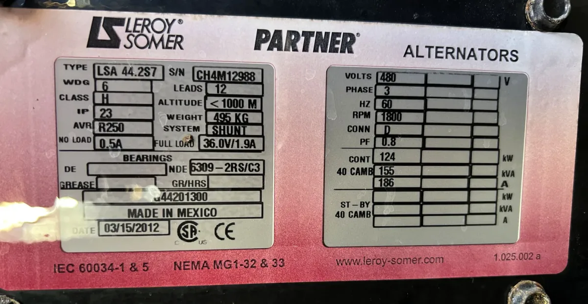 6 115kw atlas copco industrial generator unit 089219 data tag