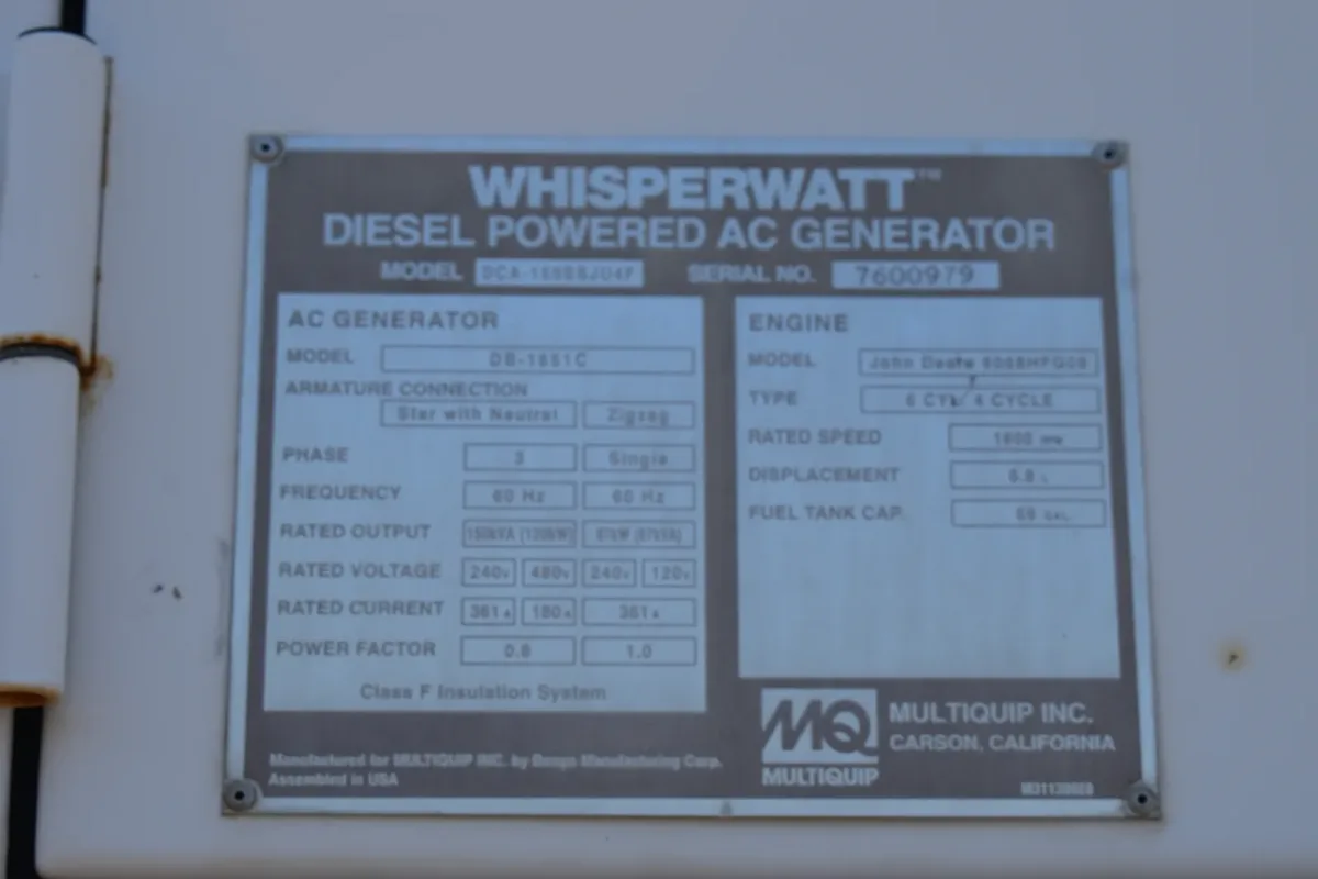 6 120kw mq industrial generator unit 090005 data tag