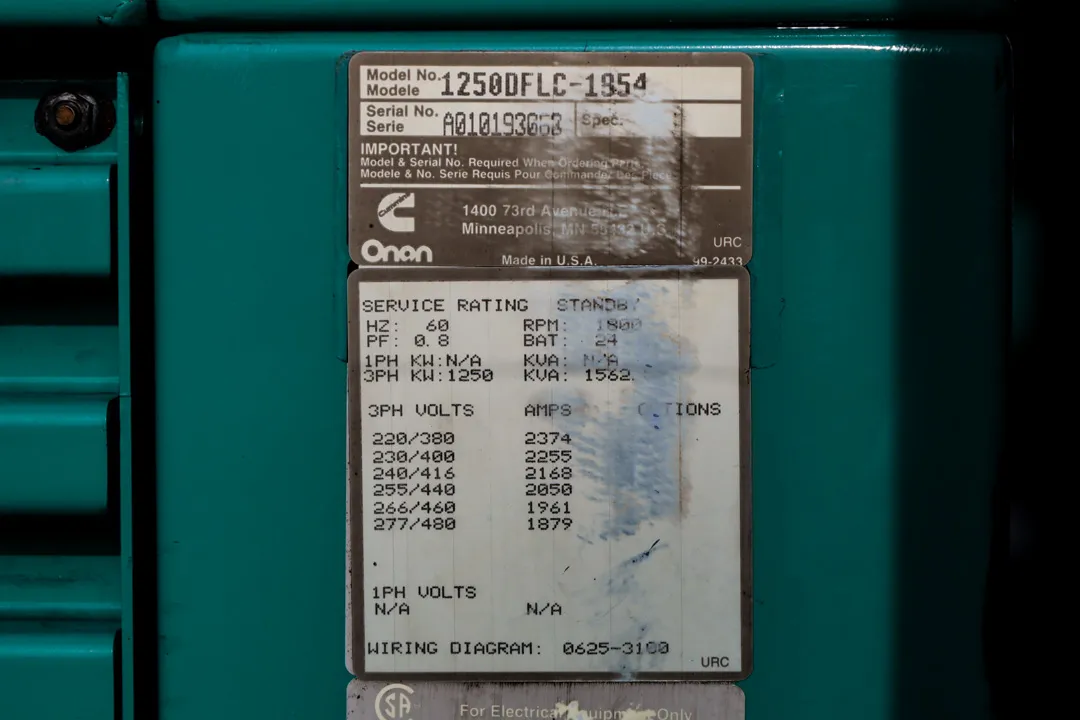 6 1250kw cummins industrial generator unit 091848 data tag