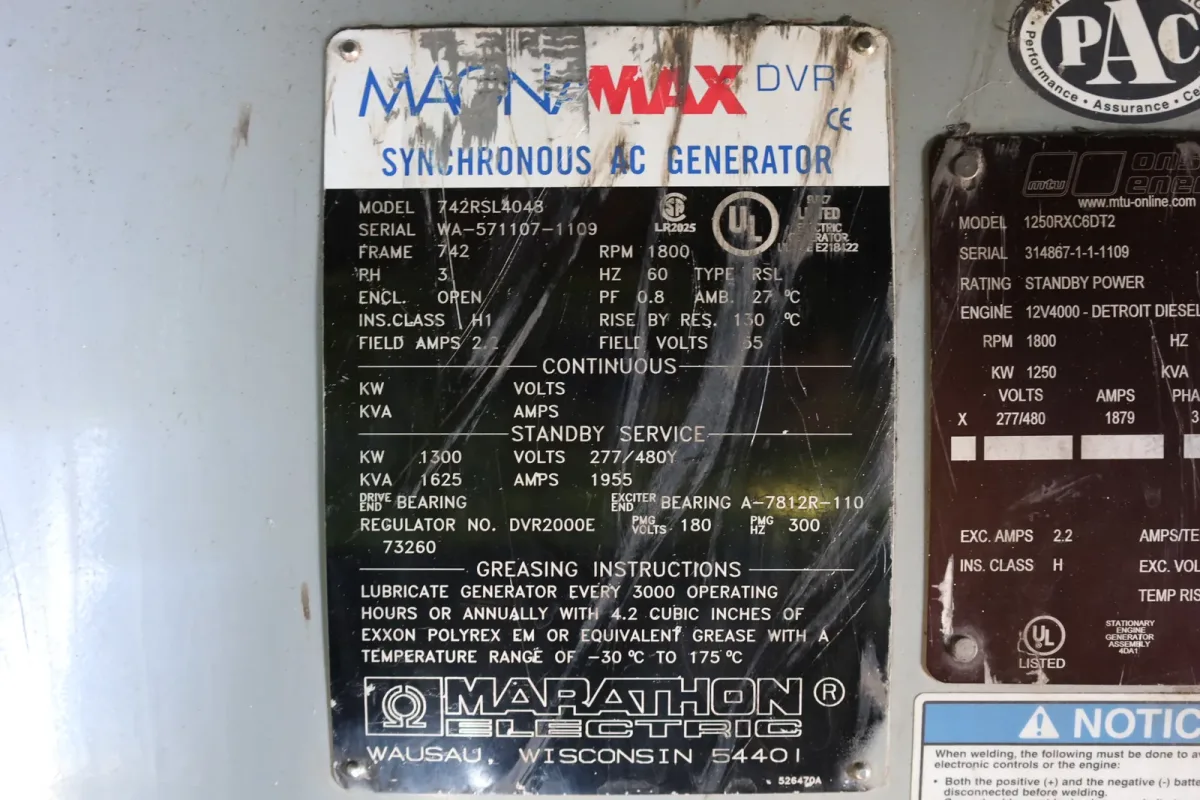 6 1250kw mtu industrial generator unit 088977 data tag