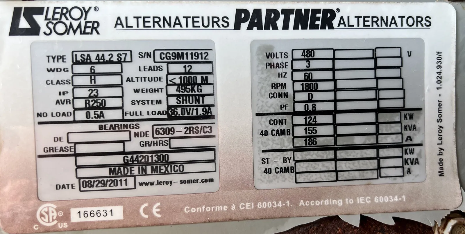 6 125kw atlas copco industrial generator unit 089217 data tag