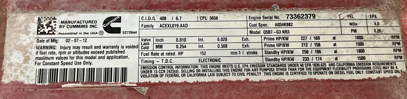 6 125kw cummins industrial generator unit 089221 data tag