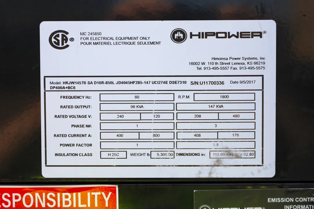 6 130kw hipower industrial generator unit 088908 data tag