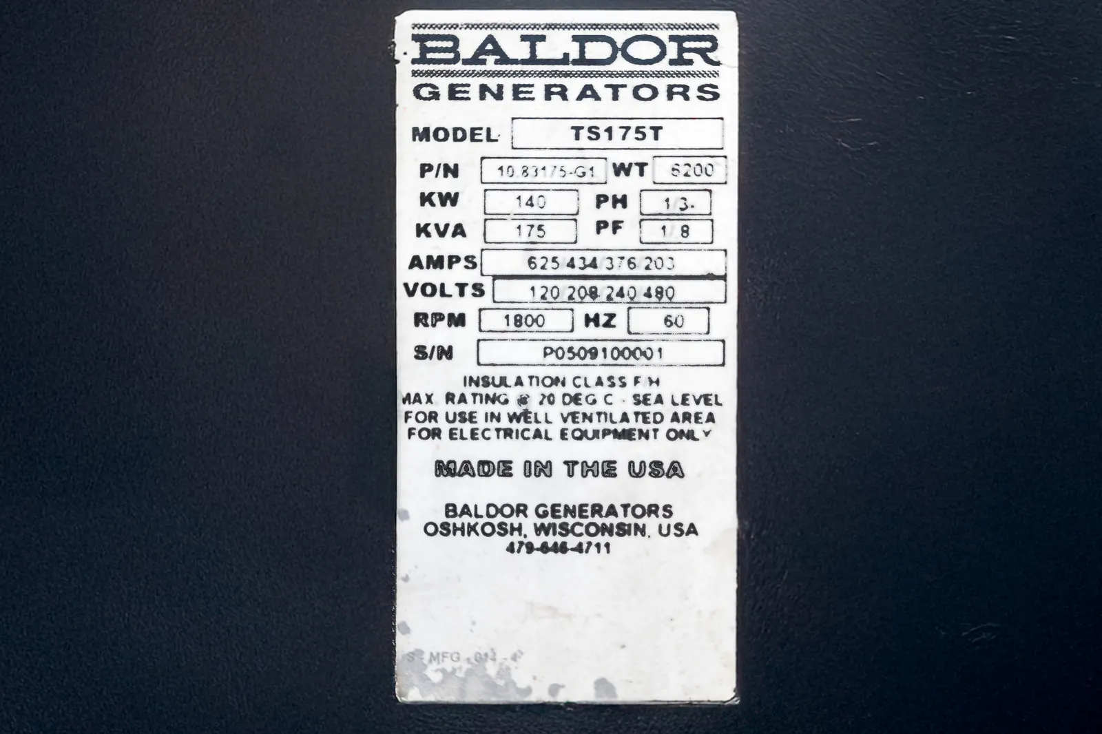 6 140kw baldor industrial generator unit 092013 data tag