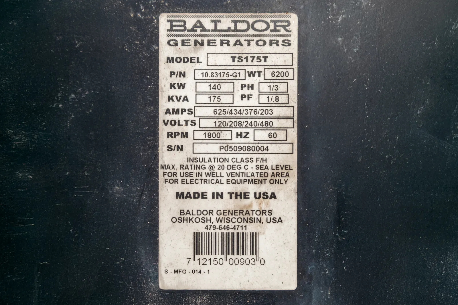 6 140kw baldor industrial generator unit 092014 data tag