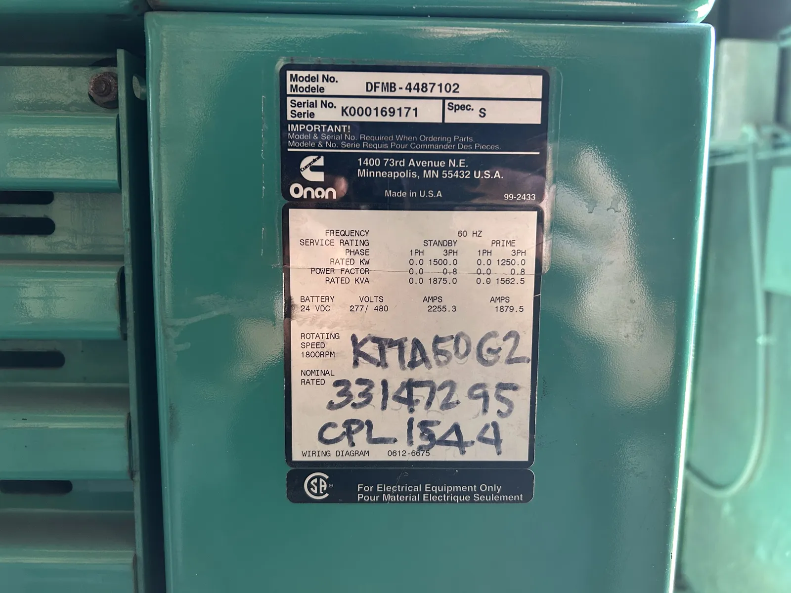 6 1500kw cummins industrial generator unit 091343 data tag