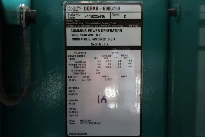 6 1500kw cummins industrial generator unit 091398 data tag