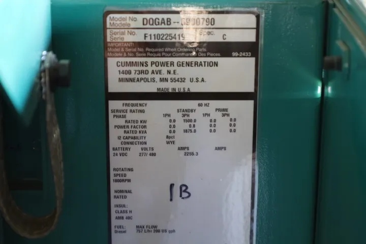 6 1500kw cummins industrial generator unit 091399 data tag