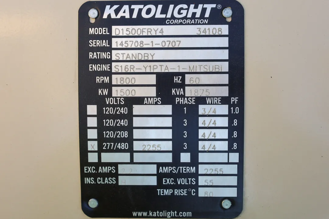 6 1500kw katolight industrial generator unit 091934 data tag