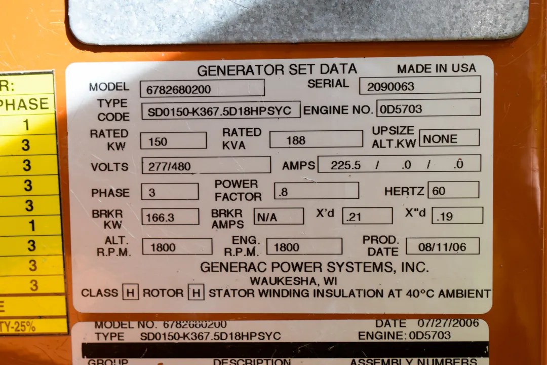6 150kw generac industrial generator unit 092207 data tag