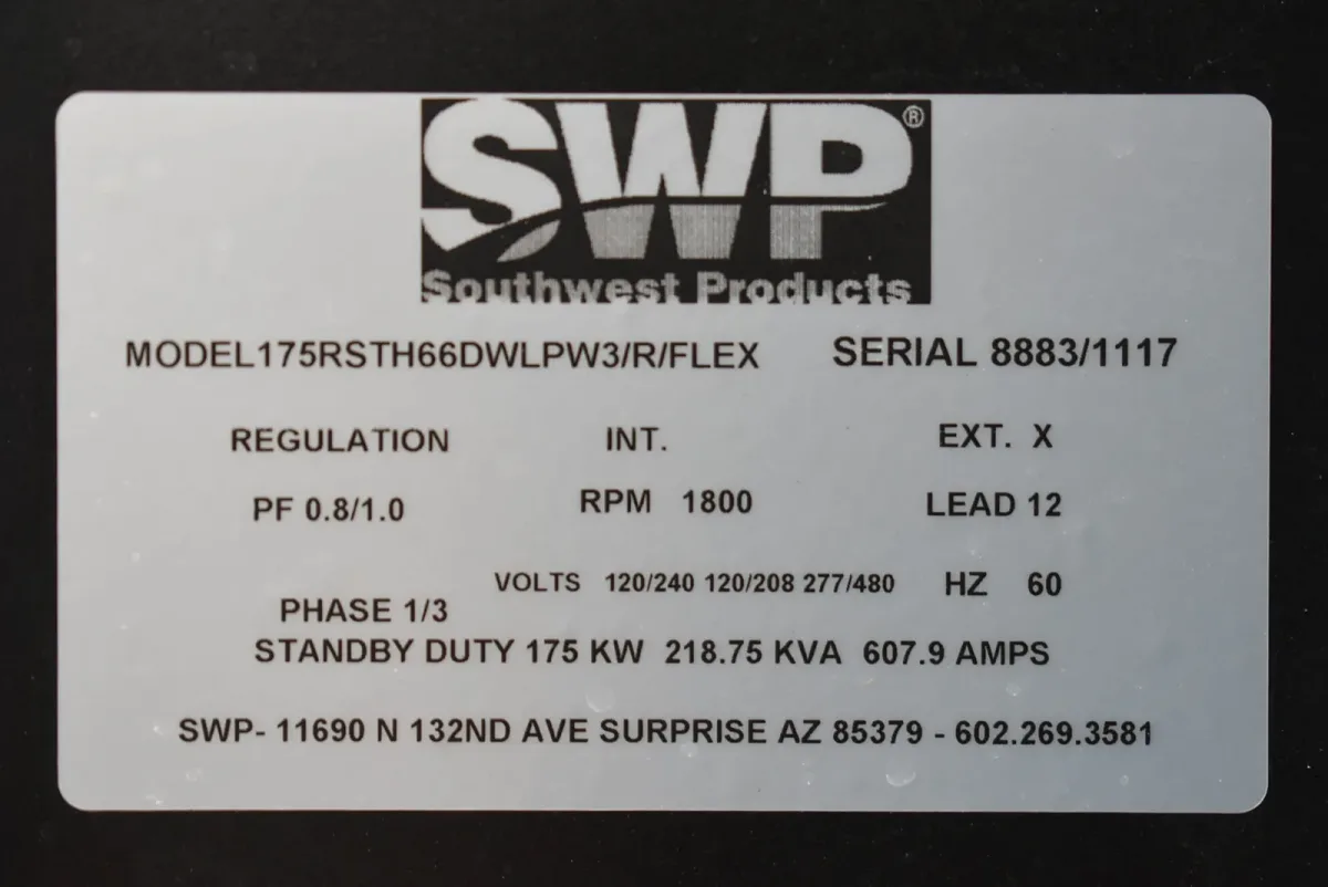6 175kw swp industrial generator unit 071050 data tag