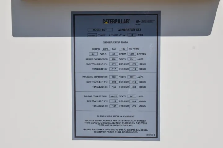 6 182kw caterpillar industrial generator unit 090010 data tag