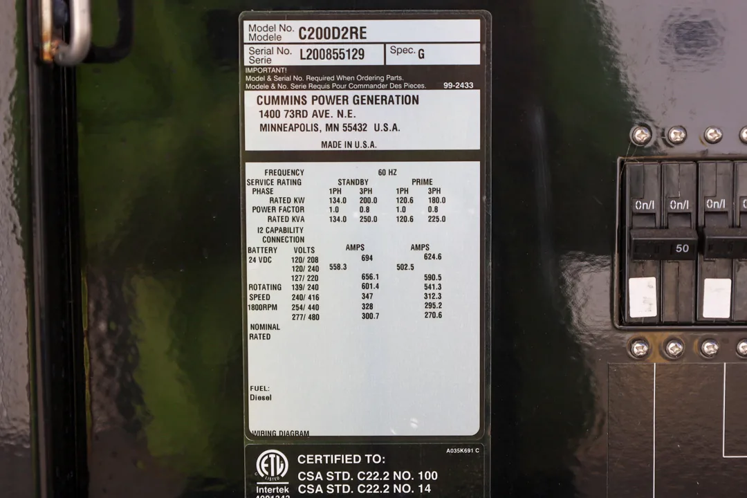 6 200kw cummins industrial generator unit 091790 data tag