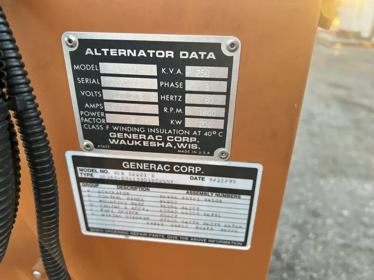 6 200kw generac industrial generator unit 089361 data tag
