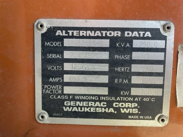 6 200kw generac industrial generator unit 091179 data tag