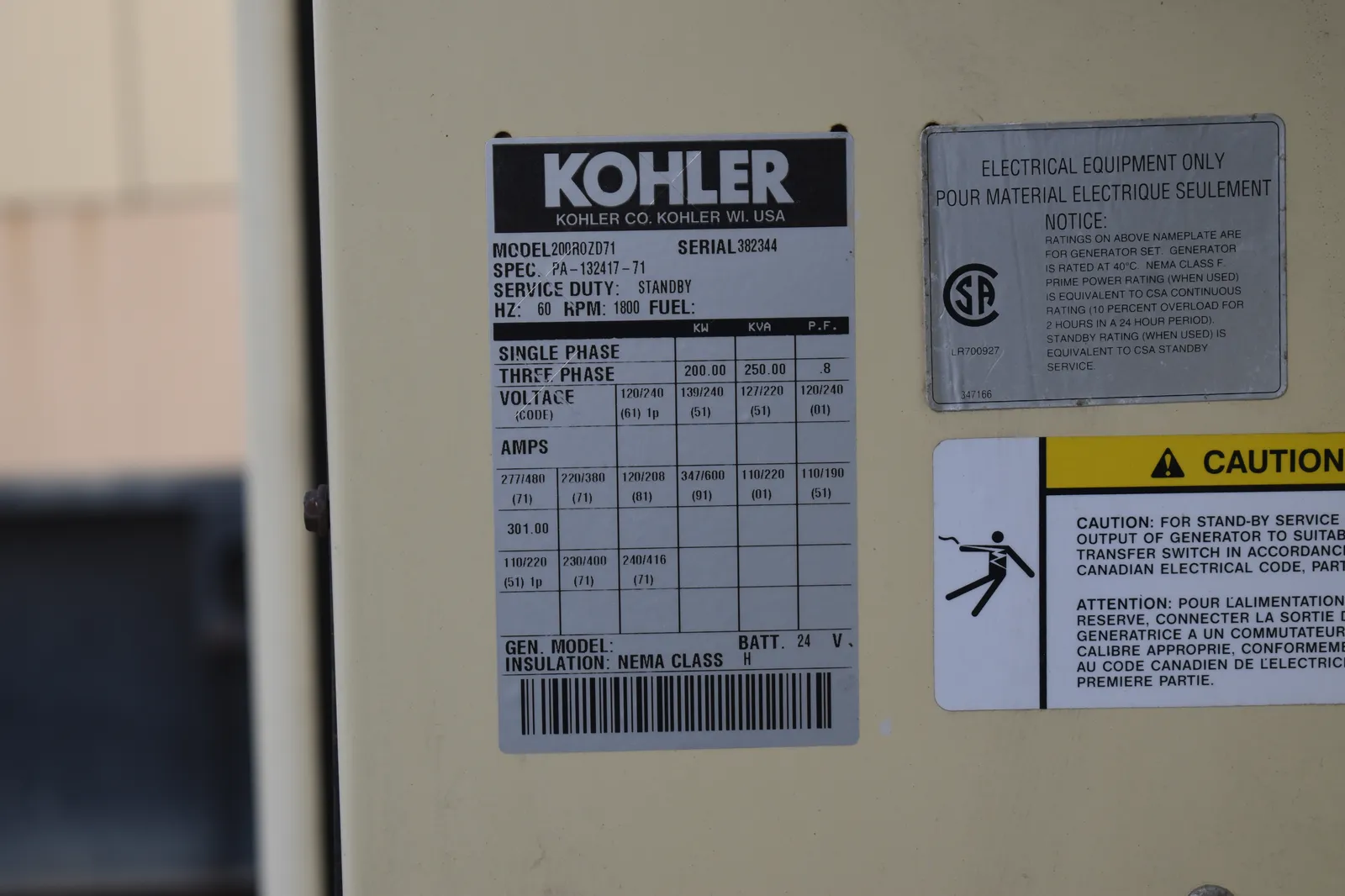 6 200kw kohler industrial generator unit 090279 data tag