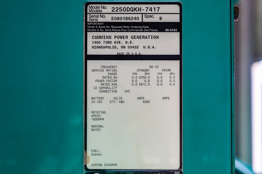 6 2250kw cummins industrial generator unit 092053 data tag