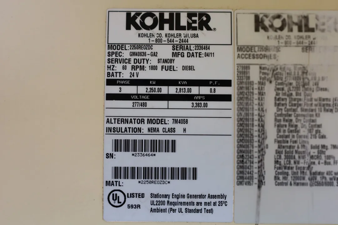 6 2250kw kohler industrial generator unit 091801 data tag