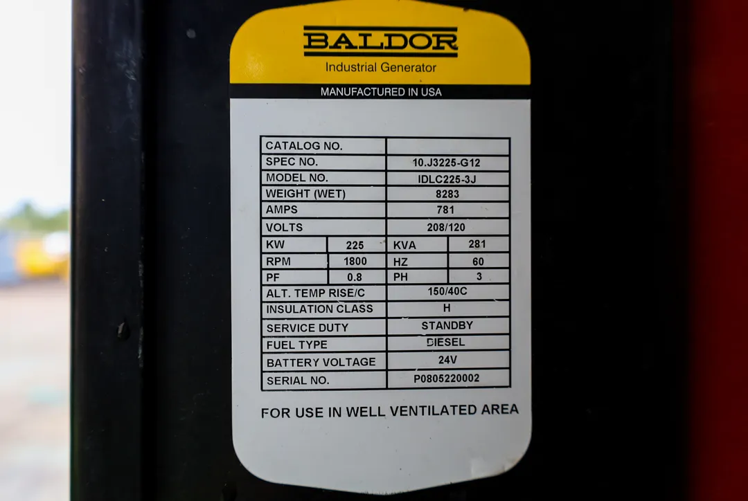 6 225kw baldor industrial generator unit 092210 data tag