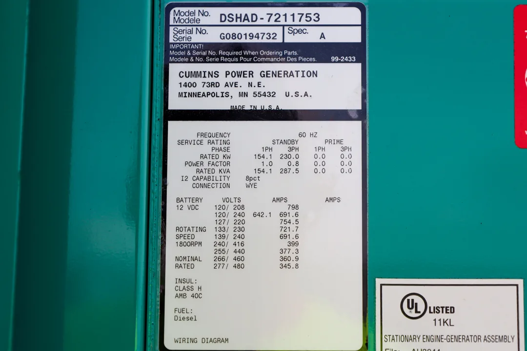 6 230kw cummins industrial generator unit 092251 data tag