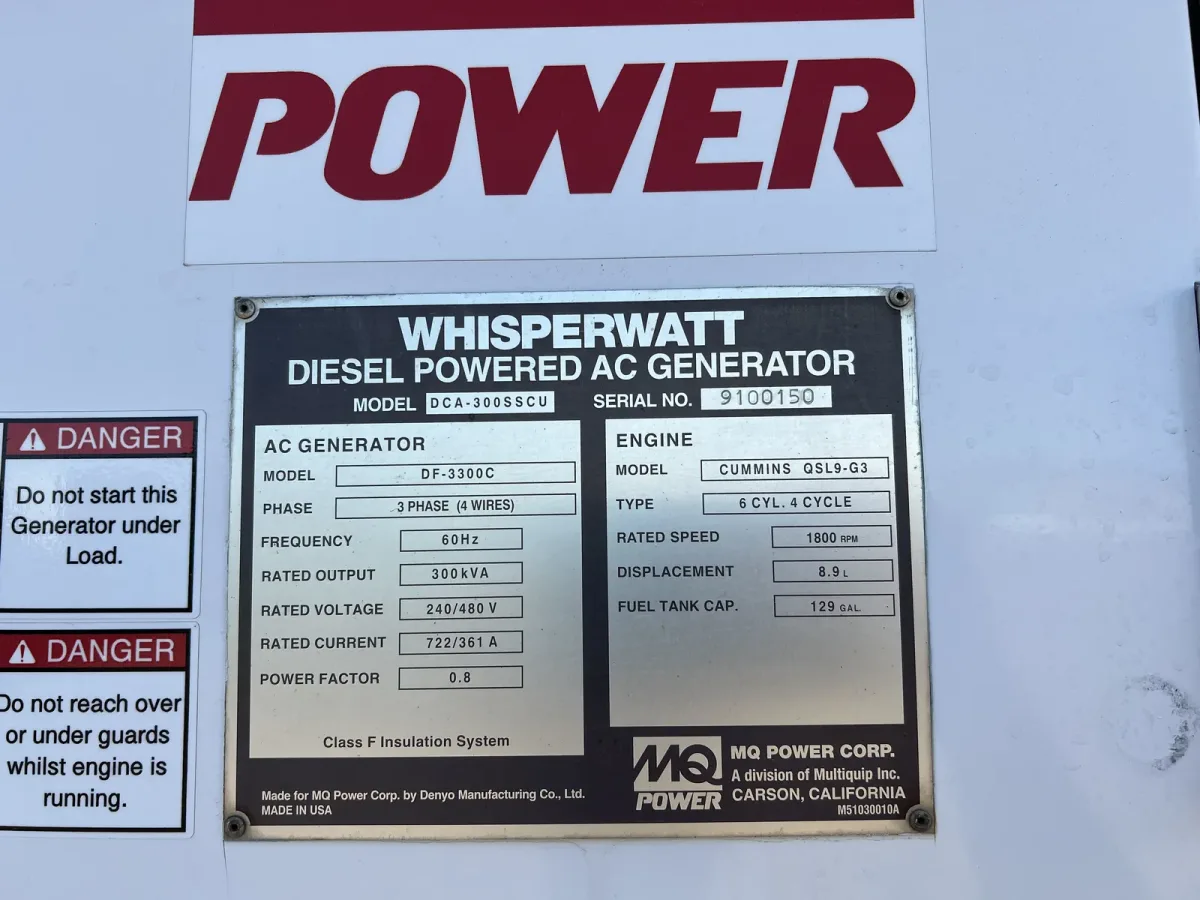 6 240kw mq industrial generator unit 089528 data tag