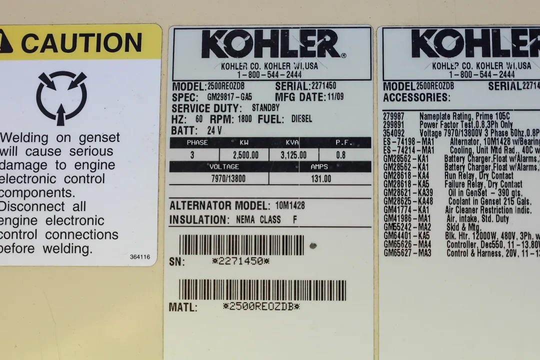 6 2500kw kohler industrial generator unit 091894 data tag