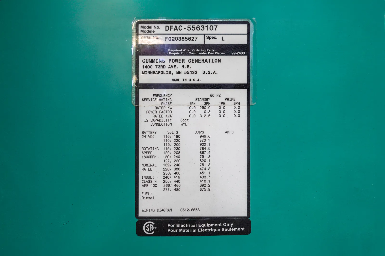 6 250kw cummins industrial generator unit 091381 data tag