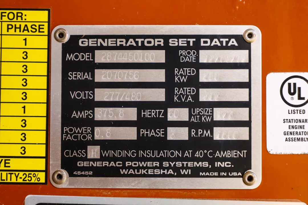 6 250kw generac industrial generator unit 092093 data tag