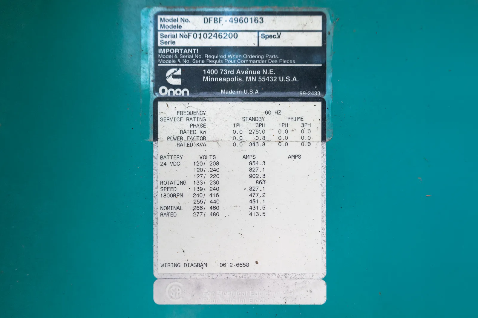 6 275kw cummins industrial generator unit 092177 data tag