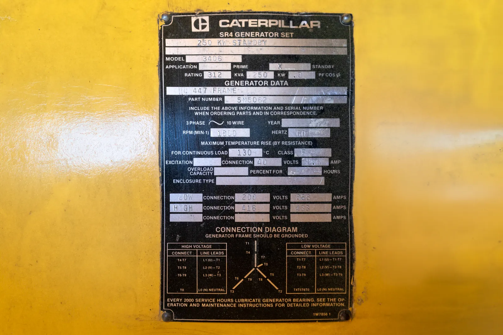 6 300kw caterpillar industrial generator unit 089846 data tag