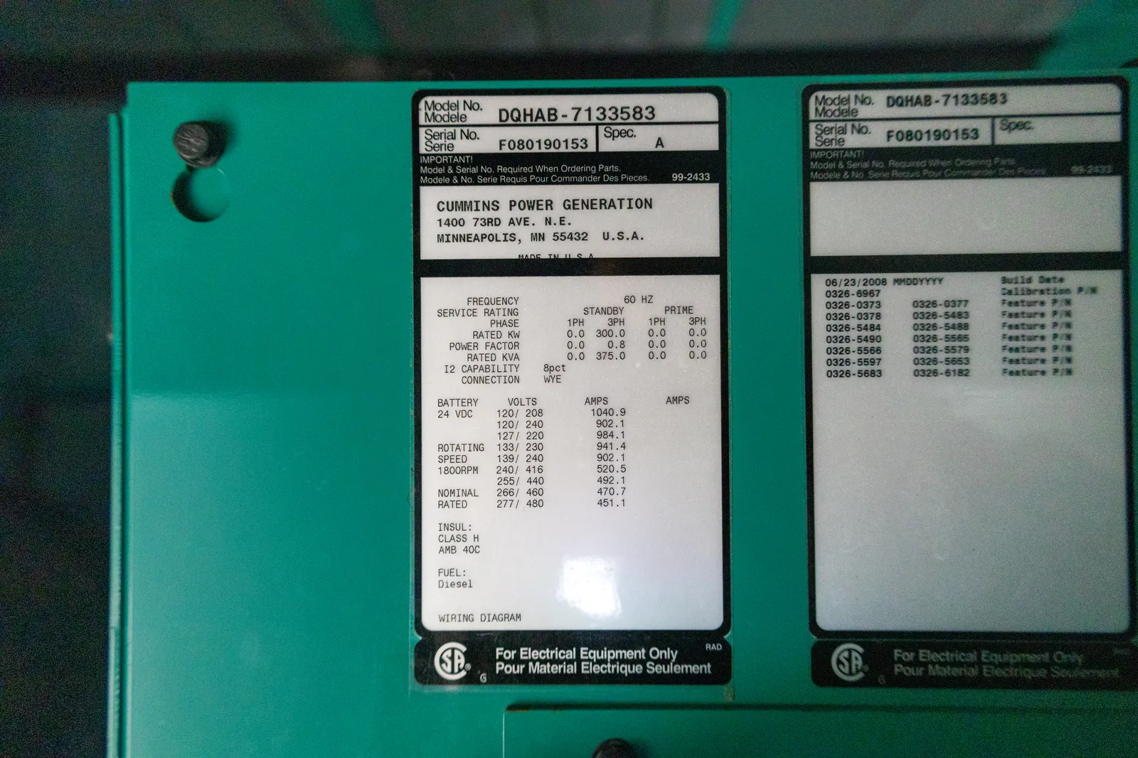 6 300kw cummins industrial generator unit 091536 data tag