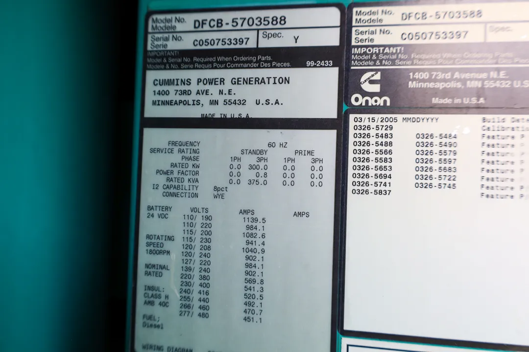 6 300kw cummins industrial generator unit 092204 data tag