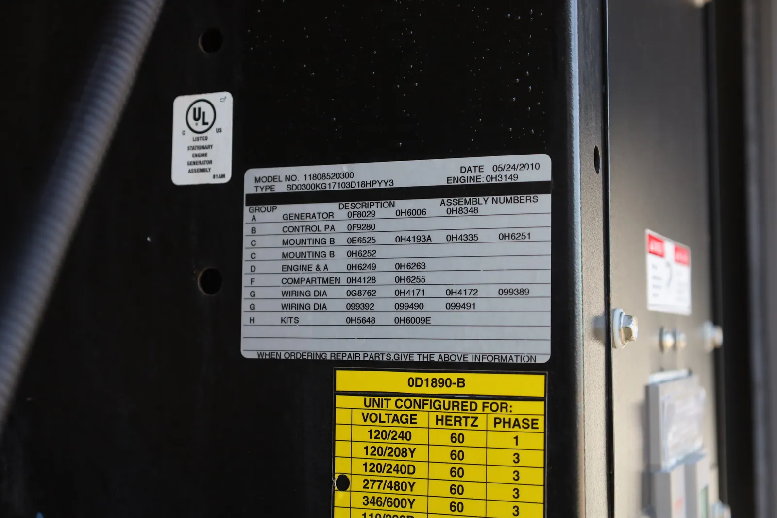 6 300kw generac industrial generator unit 091556 data tag