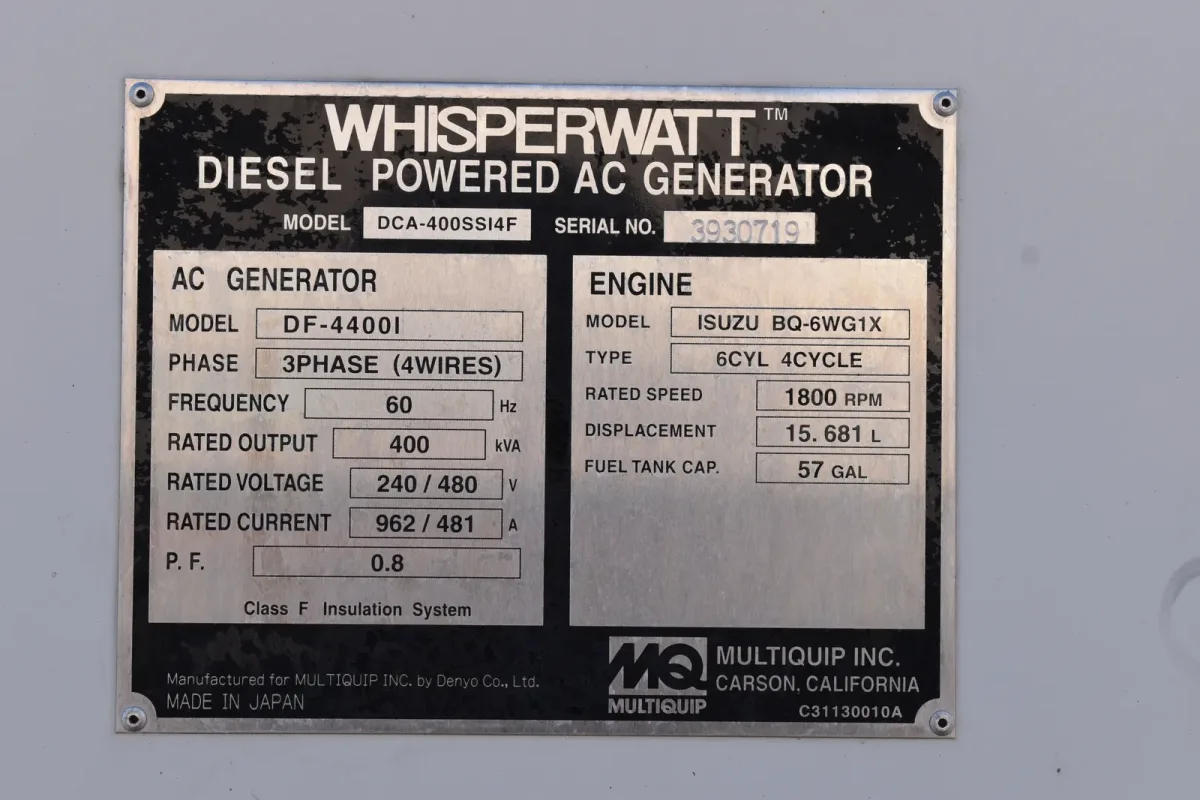 6 320kw multiquip industrial generator unit 088865 data tag