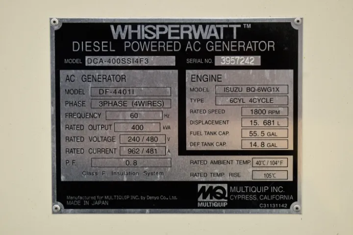 6 320kw multiquip industrial generator unit 090469 data tag